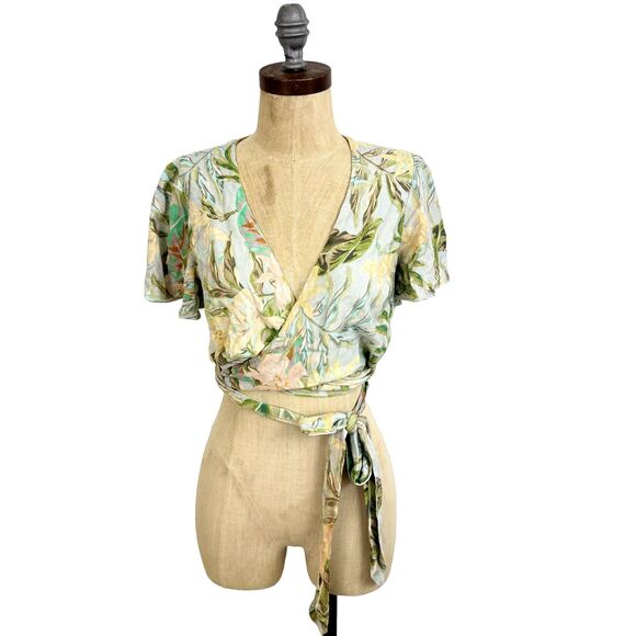 SHOW ME YOUR MUMU Wilson Floral Tie Top S Crop Wrap Flutter Sleeve Vacay EUC B48 - Picture 2 of 6